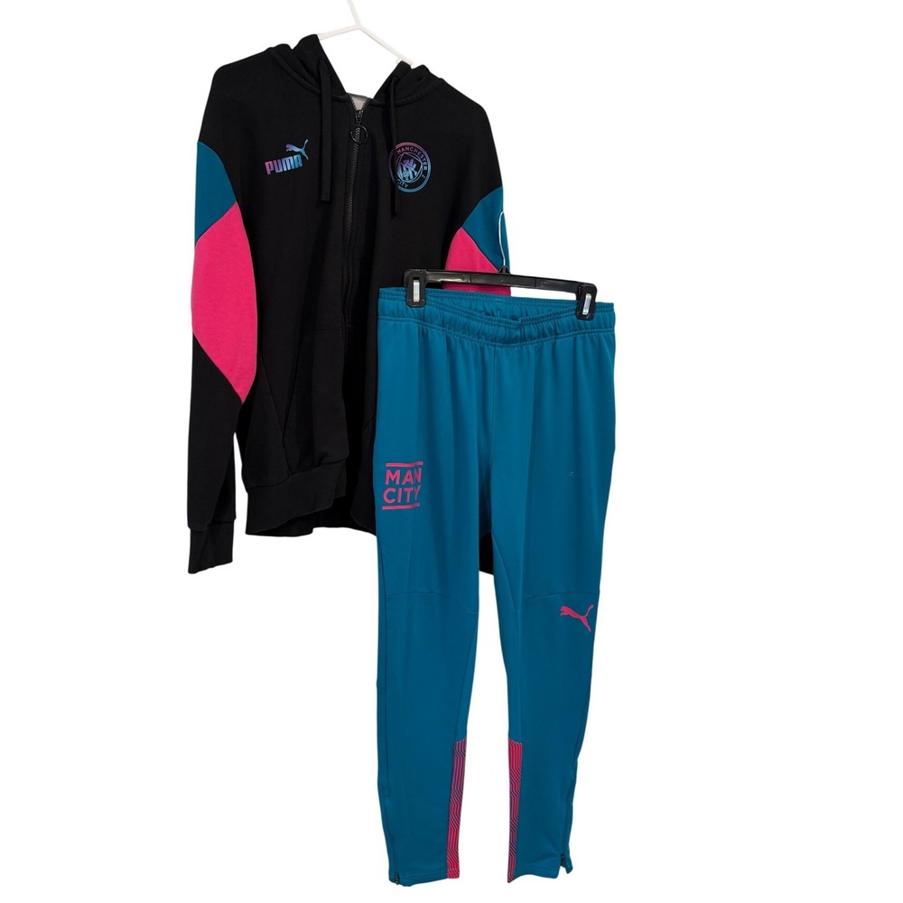 Puma Manchester City FC Tracksuit Set Mens Medium Black Teal Pink Hoodie Pants